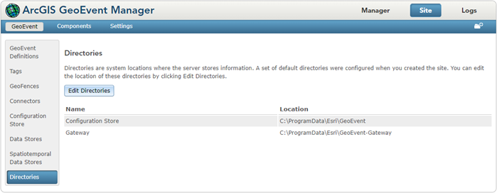 Directories page in GeoEvent Manager Directories page in GeoEvent Manager